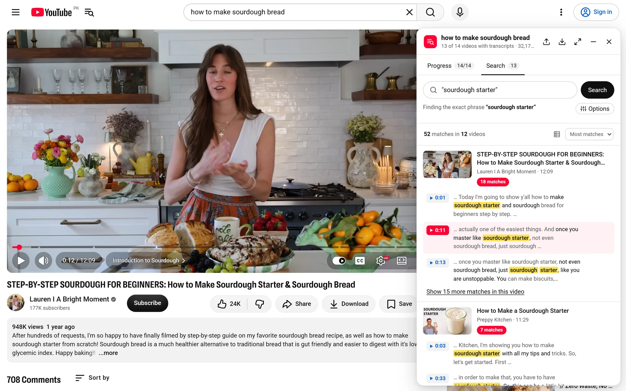 Search In Transcript on YouTube: the panel shows 52 matches for the phrase sourdough starter, and the video plays from the clicked moment