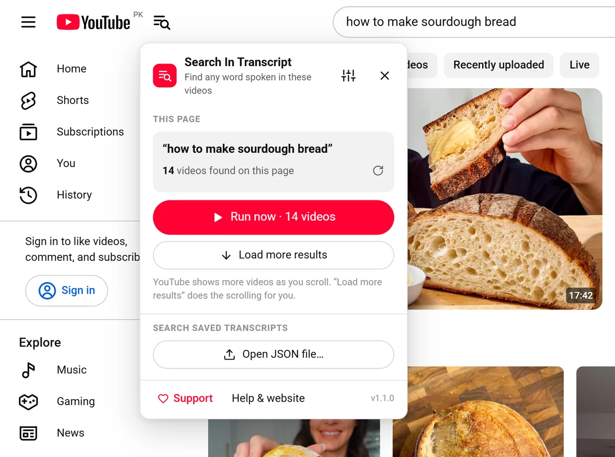 The Search In Transcript menu next to the YouTube logo, showing 14 videos found and a Run now button